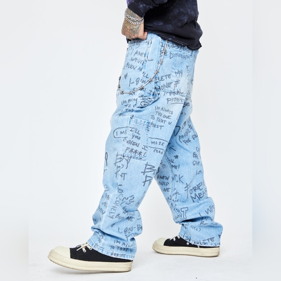 Broken Promises Triple Text Medium Wash Blue Carpenter Jeans Size 28 - Picture 2 of 9